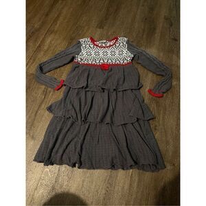Hanna Anderson Girls Gray and Red Tiered Ruffle Long Sleeve Dress 140 Size 10